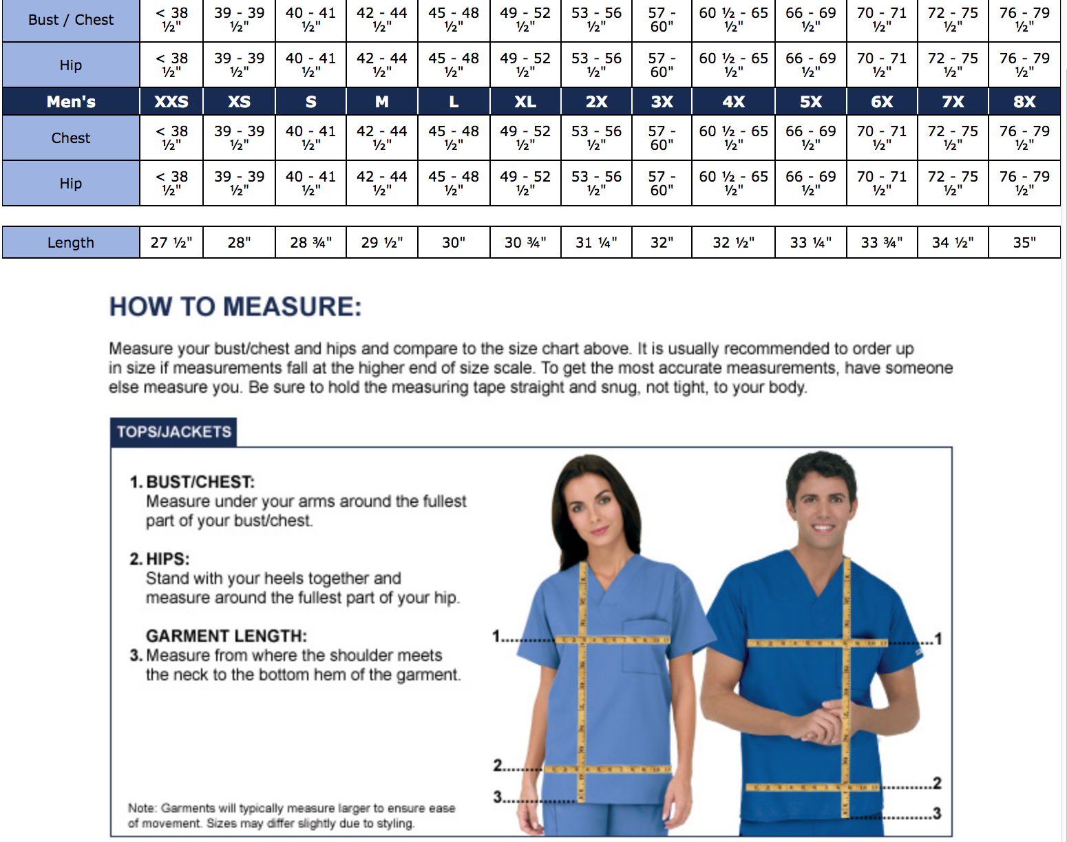 Sizing Chart For Scrubs