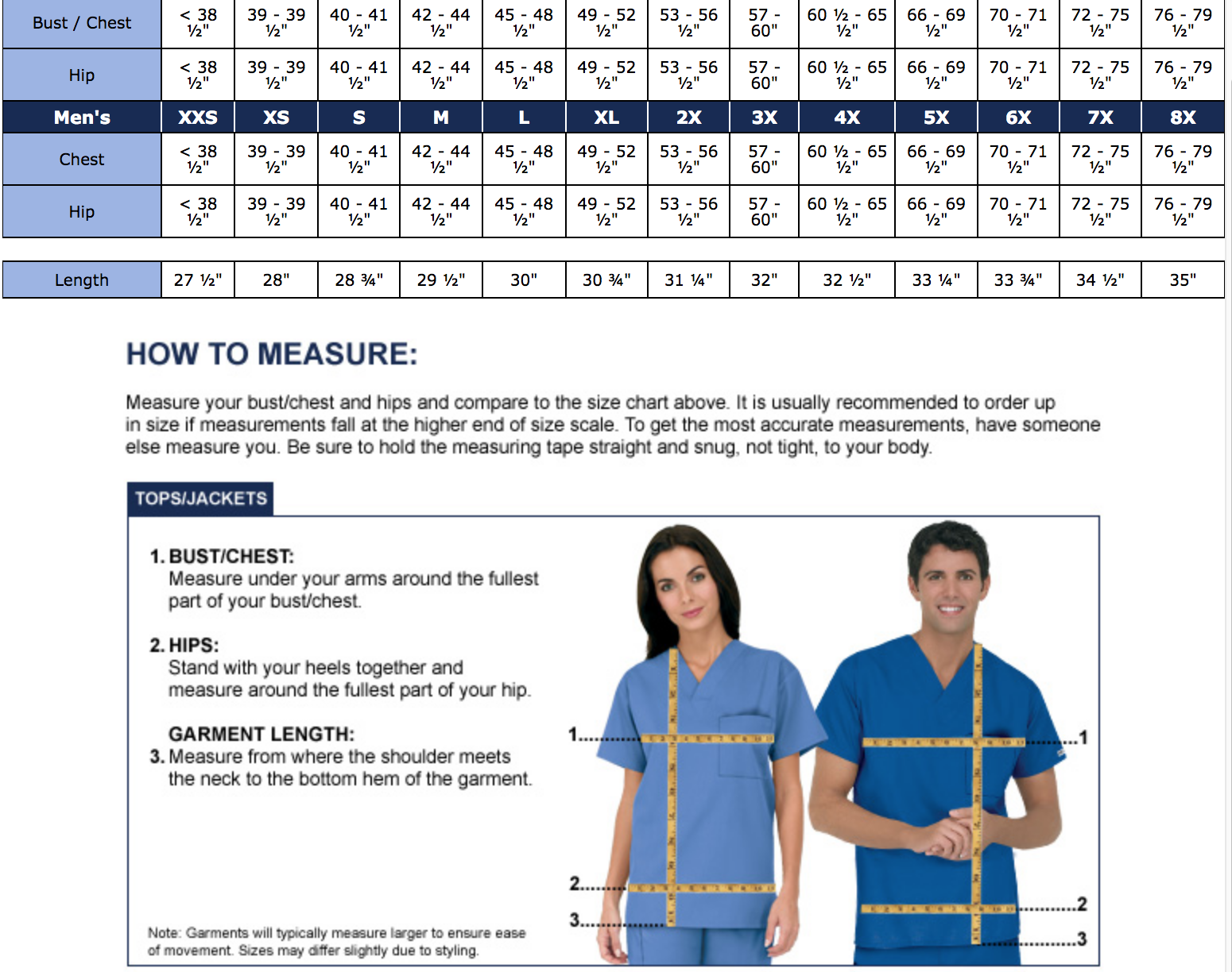 Scrub Sizing Chart