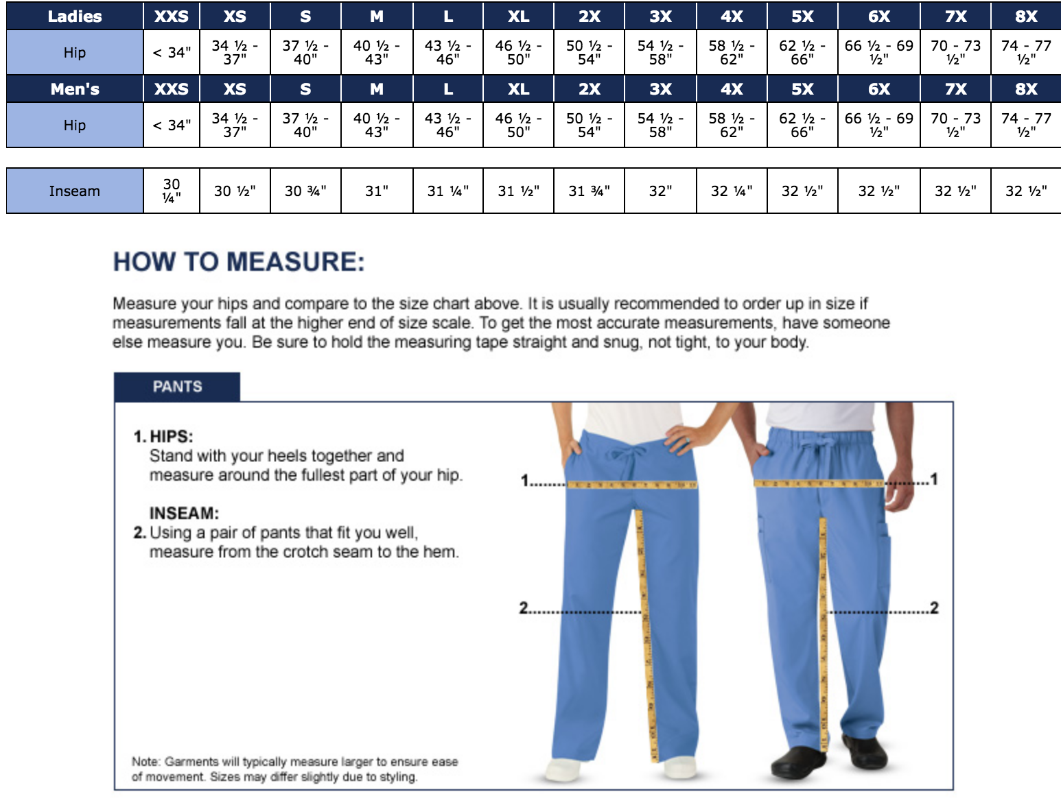 Scrubs Sizing – Chartered Professors, LLC